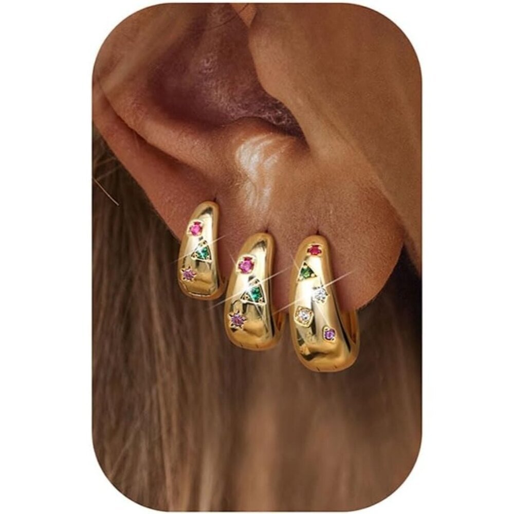 3Pairs Chunky Lightweight Hypoallergenic MultiColored 14K Gold Huggie Earrings